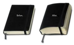 two black books with the words before and after written on them