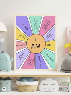 a colorful poster with the words i am on it in front of some stuffed animals