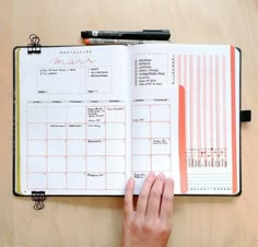 a person's hand is on top of an open planner