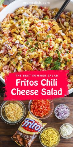 the ingredients for fritos chili cheese salad in bowls