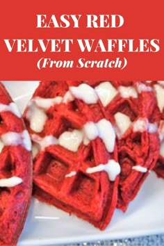 red velvet waffles on a plate with white icing