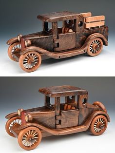 an old model car made out of wood