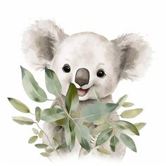 a watercolor painting of a koala bear with eucalyptus leaves