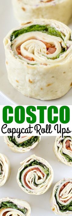 some food that is on top of a white plate with the words costco copycat roll ups