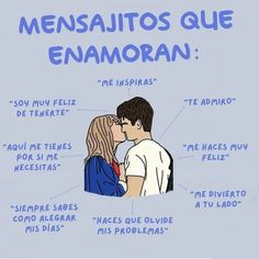 a man and woman kissing each other with the words mensaiitos que enamoran