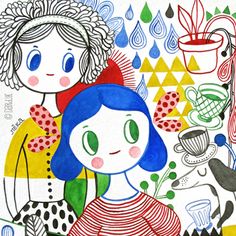 a drawing of two women with flowers and plants in the background, one woman has blue hair