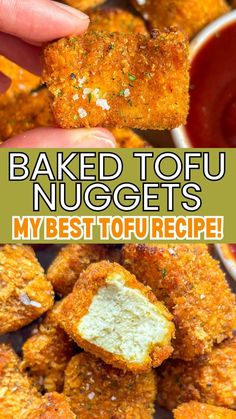 baked tofu nuggets with dipping sauce in the background and text overlay that reads, baked tofu nuggets my best tofu recipe