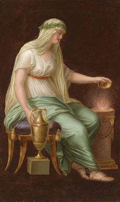 a painting of a woman sitting on a chair with a gold cup in her hand