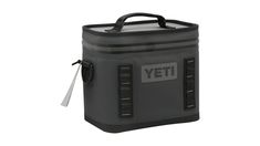 the yeti cooler is shown in black and grey