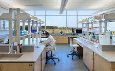 a man working in a lab with lots of counter space