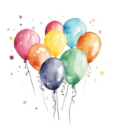 a bunch of balloons with streamers and confetti on the side, watercolor