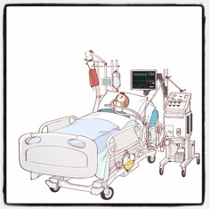 a drawing of a hospital bed with an iv machine