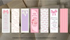 the bookmarks are lined up in rows and have pink bows on them, along with words that say thank you for your purchase