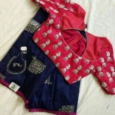 Combo semi banaras Silk saree with ready wear embroidery silk blouse and jewelery Brocade Blouse Designs, Blouse Designs High Neck, Boat Neck Blouse Design, Fancy Saree, New Blouse Designs, Blouse Designs Indian