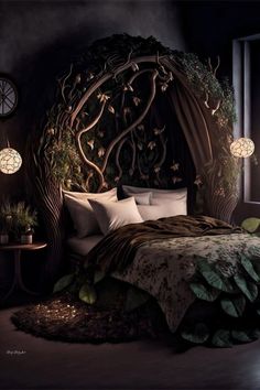 a bedroom with a canopy bed surrounded by greenery and trees in the night time