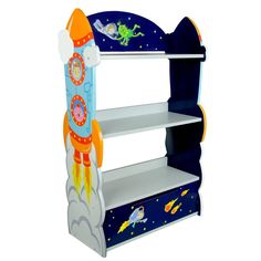 a children's book shelf with a rocket ship painted on the front and bottom