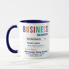 a blue and white coffee mug with the words business search on it