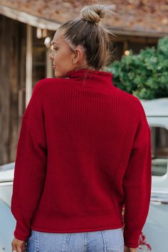 Magnolia Exclusive! Santa's favorite! Our Winter Wonderland Red Mock Neck Sweater features a slouchy rolled mock neck sweater silhouette designed cozy ribbed knit sweater material. This layer-friendly knit is the perfect gift to give or get in all 3 colors; Red, Green, & Blue! Winter Solid Color Chunky Knit Turtleneck, Winter Solid Chunky Knit Turtleneck, Winter Chunky Knit Solid Turtleneck, Winter Chunky Knit Turtleneck, Solid Cable Knit Turtleneck, Ribbed Solid Sweater For Fall, Solid Ribbed Sweater For Fall, Casual Solid Cable Knit Turtleneck, Casual Solid Color Cable Knit Turtleneck