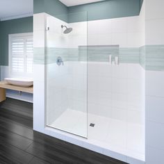 a bathroom with a walk in shower next to a sink and wooden flooring on the walls