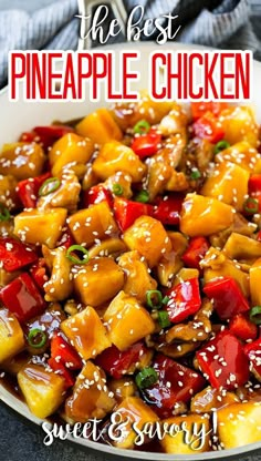 the best pineapple chicken recipe in a white bowl with sesame seeds and green onions