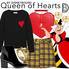 the queen of hearts is wearing plaid skirt and black sweater