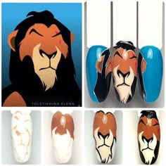 Nails Characters, Lion King Nails, Lion Nails, Printable Nail Art Practice Sheet, Printable Nail Art, Nails Step By Step, Character Nails, Cartoon Nails