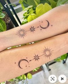 two sun and moon tattoos on both arms, one with stars in the sky above it