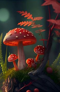 a group of mushrooms sitting on top of a lush green forest covered in red leaves