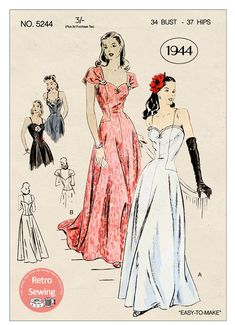 This easy-to-make evening dress from 1944 has the  centre-front panel of the bodice in one with the full  circular skirt. The rest of the bodice is joined at the  lowered waistline. The Camisole style neckline can  be finished with or without the draped shoulder  sections. Bust 34 Hip 37 There are no suggested fabrics but something like: Silk crepe, Taffeta, Satin, Lace, Rayon satin would  work Comes with Step by Step Instructions and a  helpful sewing guide. An easy to download and print at hom 1940s Evening Dresses, 1940s Dress Pattern, 1940 Dress, Sewing Guide, Circular Skirt, Vintage Vogue Sewing Patterns, 20th Century Fashion, Vintage Dress Patterns