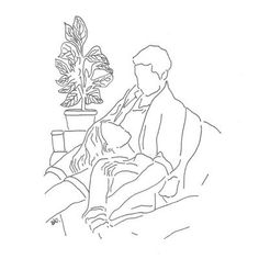 a black and white drawing of a man sitting next to a plant