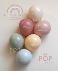 six pastel balloons are lined up against a white background with the words pop fest co on it