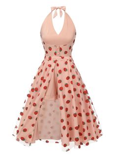 Strawberry Themed Outfit, Strawberry Dress Aesthetic, Fruity Outfits, Whimsical Clothes, Strawberry Clothes, Strawberry Romper, Pinup Fashion, Peter Pan Dress, Retro Stage