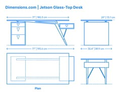 a drawing of a desk with measurements for the top and bottom side, shown in blue