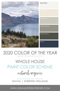 the color scheme for an interior paint scheme with mountains in the background and water below