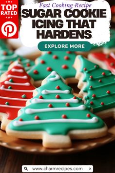 an image of christmas cookies on a plate with text overlay that reads, easy cooking recipe sugar cookie icing that hardens explore more