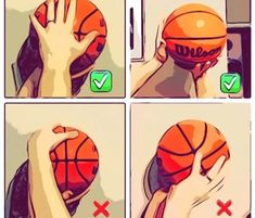 four pictures showing how to dunk a basketball with one hand and two hands holding the ball