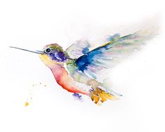 a watercolor painting of a hummingbird in flight