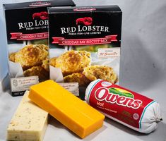 three boxes of red lobster cheese and other foods