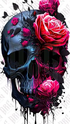 a skull with roses painted on it's face and some paint splatters