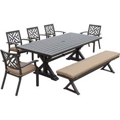 an outdoor dining table with six chairs and a bench in front of it on a white background