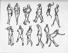 a drawing of people walking and riding on skateboards in various positions, all drawn by hand