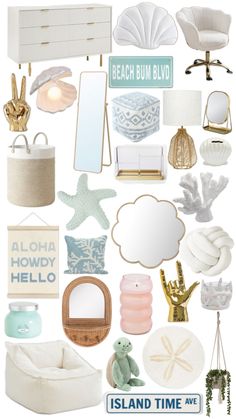 a collage of beach themed items including lamps, mirrors and other things to put on the wall