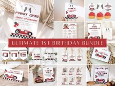 the ultimate 1st birthday bundle includes cars and cupcakes