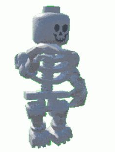 a lego skeleton holding a large white object