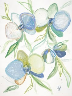 a painting of blue and white flowers on a white background