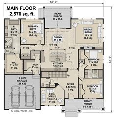 the main floor plan for a home with two car garages and an additional living area