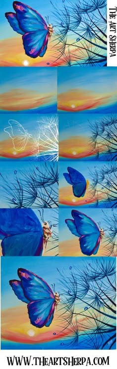 three pictures of blue butterflies flying in the sky