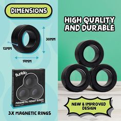 three black rubber rings are shown in front of a green background and an image of the product