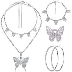 PRICES MAY VARY. Ideal Combinations to Choose: there is 1 pair of silver rhinestone earrings, 1 piece of silver butterfly necklace, 1 piece of butterfly bracelet for women and 1 piece of silver butterfly ring, adequate and comprehensive for you to wear on wedding party, birthday party, prom, baby shower and more, showing your confidence and making you stand out in the crowd Stylish and Elegant Butterfly Style: designed after the shape of beautiful butterfly, the silver butterfly necklace has an Butterfly Jewelry Necklace, Butterfly Jewelry Set, Silver Butterfly Ring, Adjustable Silver Bracelet, Silver Butterfly Necklace, Beautiful Neck, Butterfly Style, Number Necklace, Horse Necklace