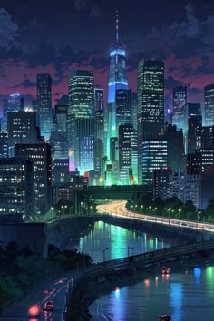 the city skyline is lit up at night, with cars driving on the road in front of it